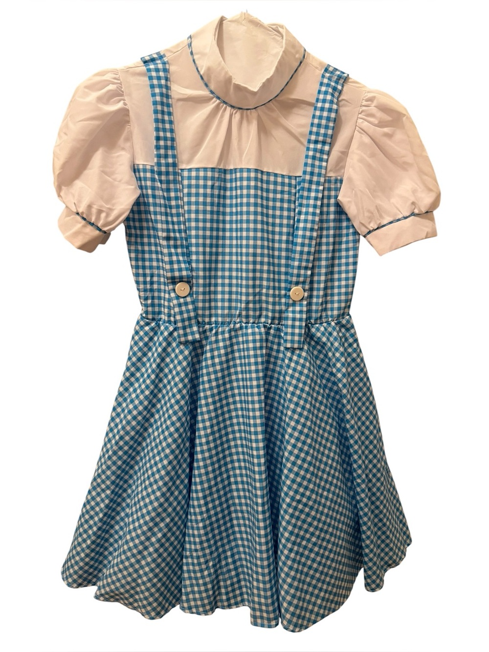 Blue Gingham Suspender Dress with Cream Puff-Sleeve Blouse